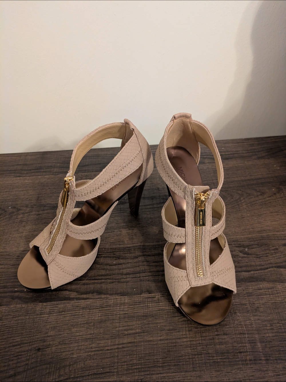 MICHAEL Michael Kors Taupe Strappy High Heel Sandals with Gold Zipper